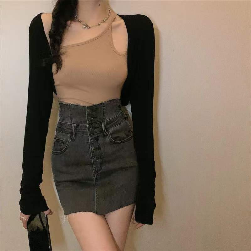 Jiashucheng Chân Váy Denim Lưng Cao Dáng Ôm Thời Trang Retro Quyến Rũ Cho Nữ