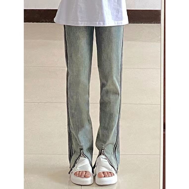 Quần Jeans Lưng Cao Dáng Suông Xẻ Tà Phối Khóa Kéo Phong Cách Retro Mỹ Cho Nữ