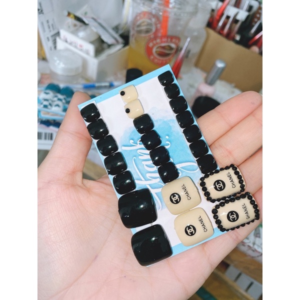 A104 bộ 24 móng chân giả màu đen sữa kèm keo dũa