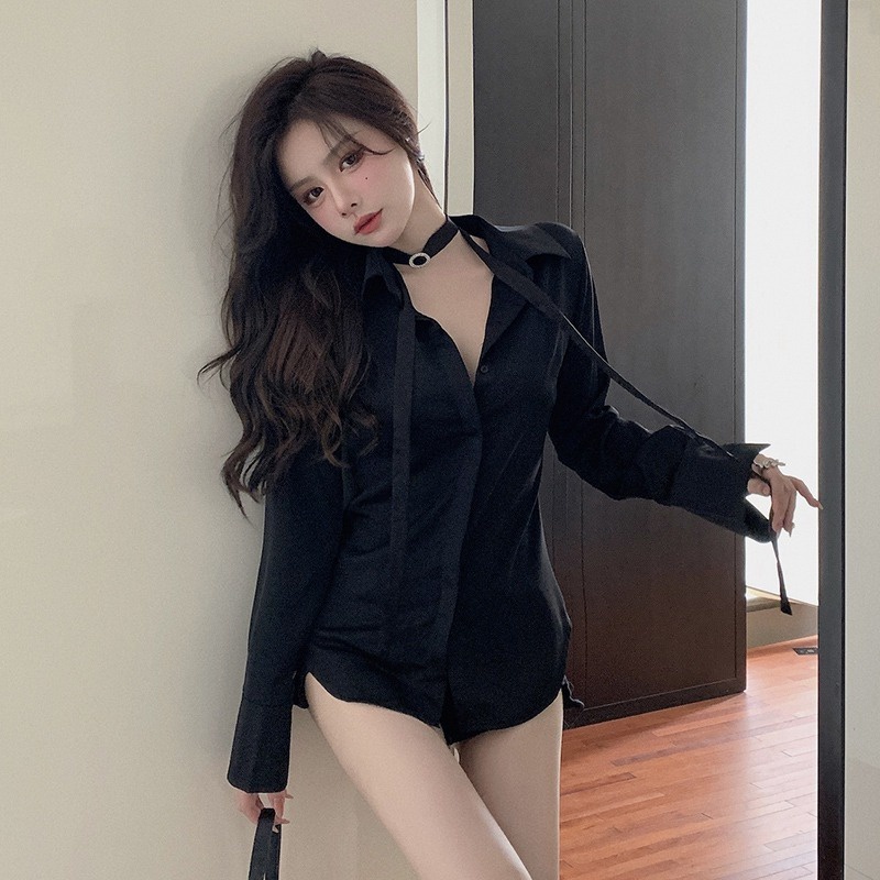 Áo Sơ Mi Nữ Tay Dài Màu Đen Nhuộm Phong Cách Hàn Quốc Gợi Cảm