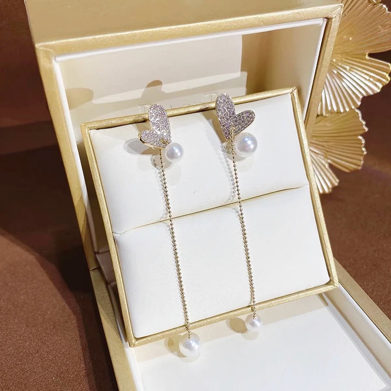 Bông Tai Mạ Bạc 925 Dáng Dài Đính Ngọc Trai Phối Tua Rua Phong Cách Hàn Quốc