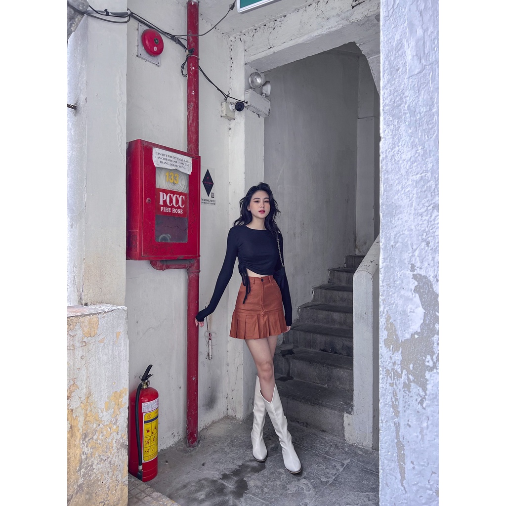 Chân váy HHVINTAGE, xếp ly, kiểu xòe chất kaki co giãn Skirt P05