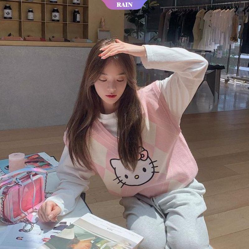 Anime Sanrio Áo Ghi Lê Dệt Kim Ấm Áp Phối Màu Tương Phản Hình Mèo Hello Kitty Phong Cách Trường Học Trẻ Trung Cho Nữ [Srain]