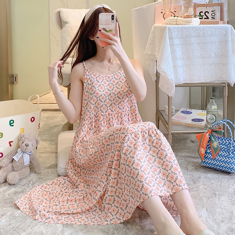 Đầm mặc nhà 2 dây chất vải lanh cotton thoáng mát