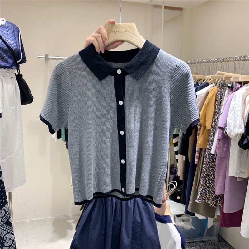 Áo polo Dệt Kim Mỏng Tay Ngắn Phối Màu Tương Phản Thời Trang Mùa Hè Cho Nữ