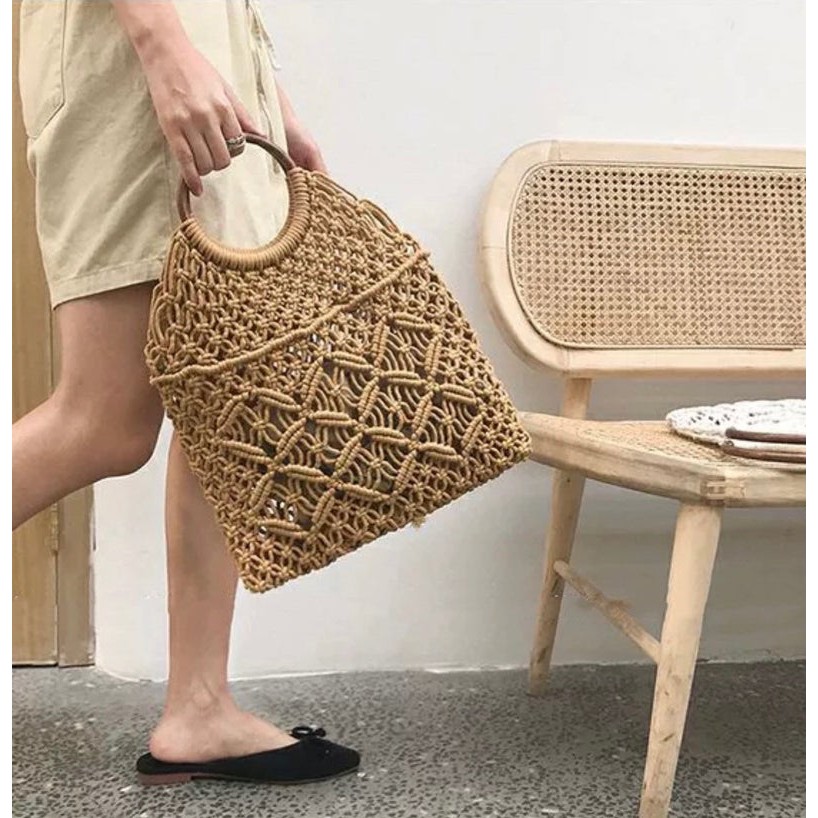 Túi đi biển, đan macrame siêu xinh xắn dành cho mùa hè, phong cách vintage, boho, Cao: 29cm Dài: 32cm Vòng quai: 11cm