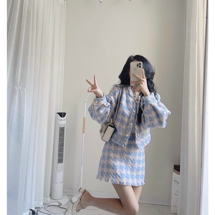 Set bố Tweed kẻ ô xanh