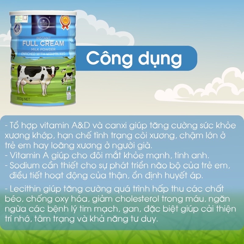 Sữa Bột Hoàng Gia Úc Nguyên Kem Vitamin A&D Full Cream Tổng Hợp Vitamin Cho Trẻ ROYAL AUSNZ 900g