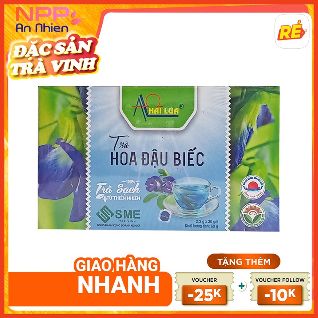 Hộp 30 gói Trà Hoa Đậu Biếc túi lọc Hai Lúa 69g