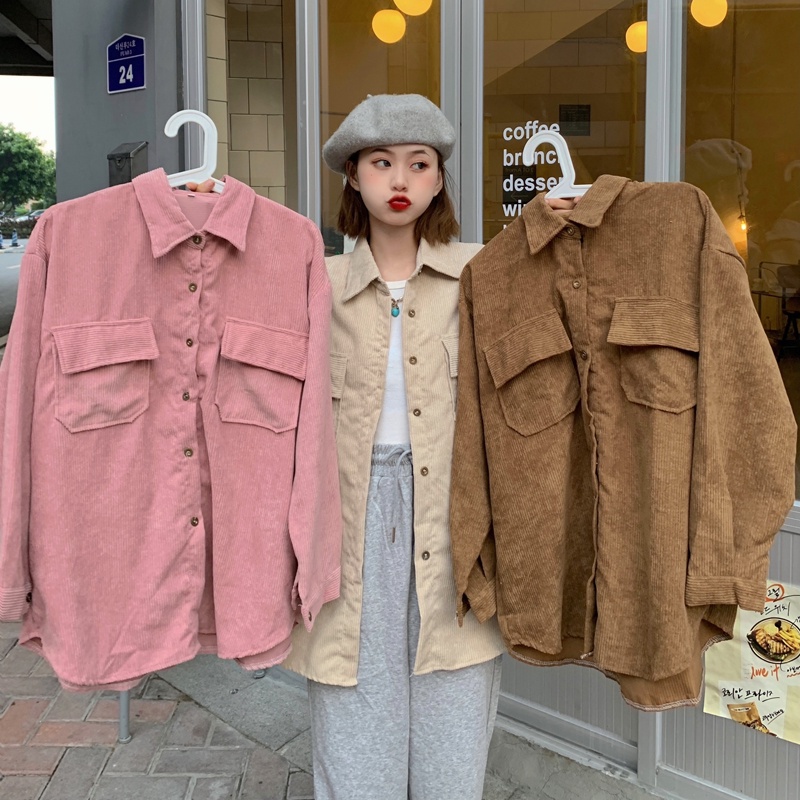 Áo khoác blazer SUXI dáng rộng chất liệu nhung kẻ phong cách retro thời trang cho nữ