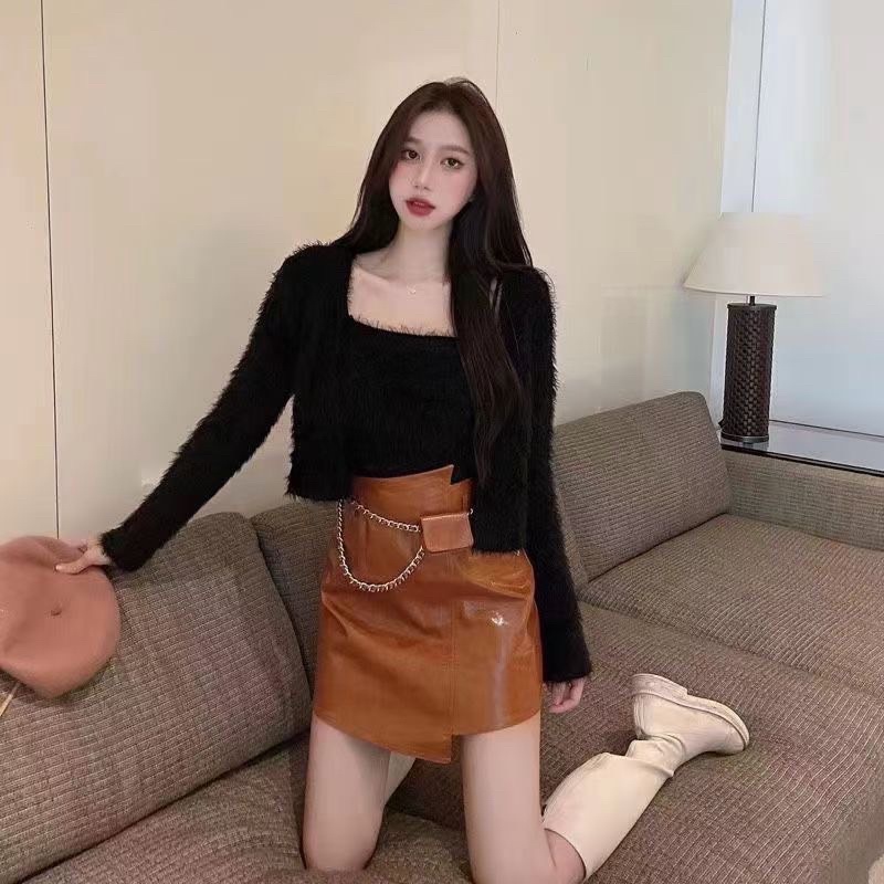 Sét áo cardigan khoác ngoài và áo dây A21, áo khoác cardigan len lông mềm mại 3 màu xanh, hồng, trắng