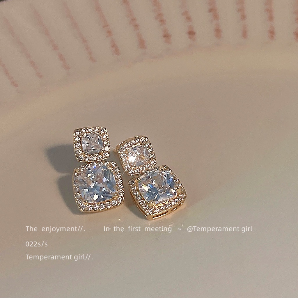 Bông Tai Mạ Bạc 925 Hình Vuông Đính Đá Zircon Phong Cách Hàn Quốc Sang Trọng