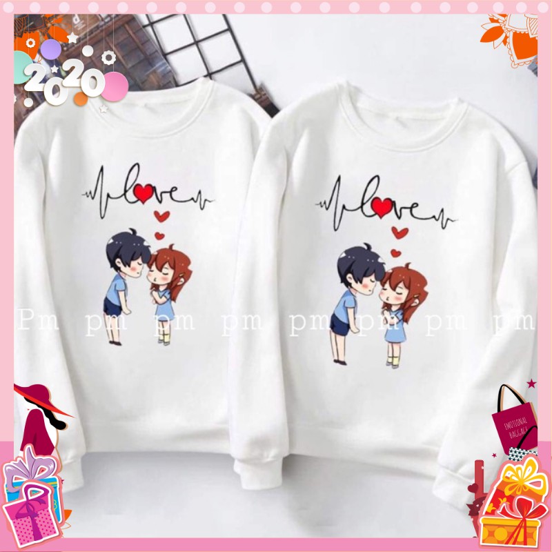 Combo 2 Chiếc Áo Cặp Đôi Thu Đông Nam Nữ Tình Yêu Siêu Xinh Cute Dài Bo Tay Cổ Tròn Cotton Da Cá In 3D Bé Thể Dục Màu sắ