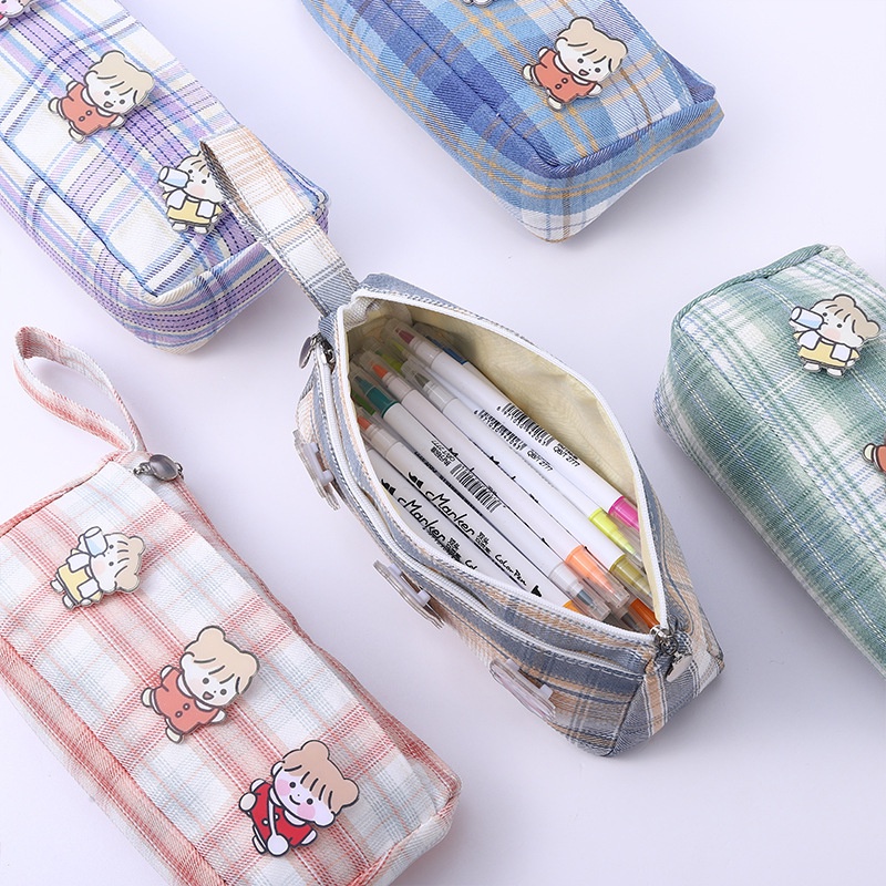 Bóp Viết Vải Caro Hot Trend INS, Hộp Bút Canvas Dạng Ví ,Cỡ To Cho Nữ Và Bé Gái Kiểu Hàn Xinh Xắn Họa Tiết QUTI HBV04