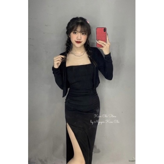 Đầm kèm áo khoác chất thun gân,áo đầm thun gân đầm body,váy hai dây,váy đầm dây