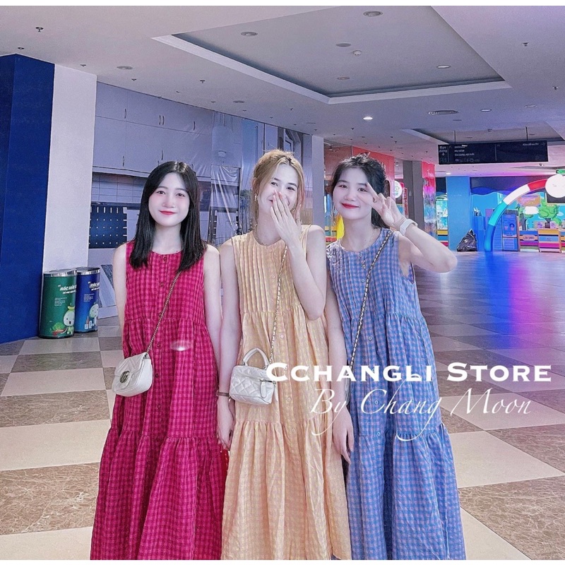 VÁY KẺ XỐP XOÈ NGỰC XẾP LY NHẸ 4 MÀU