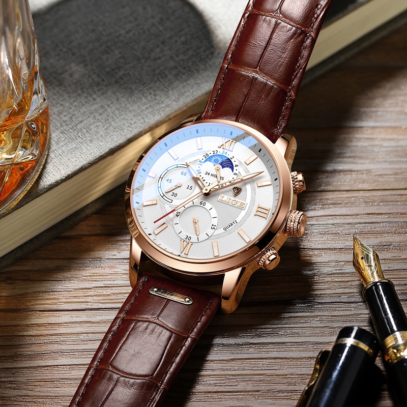 LIGE Top Luxury Brand Fashion Leather Waterproof Quartz Men's Watch