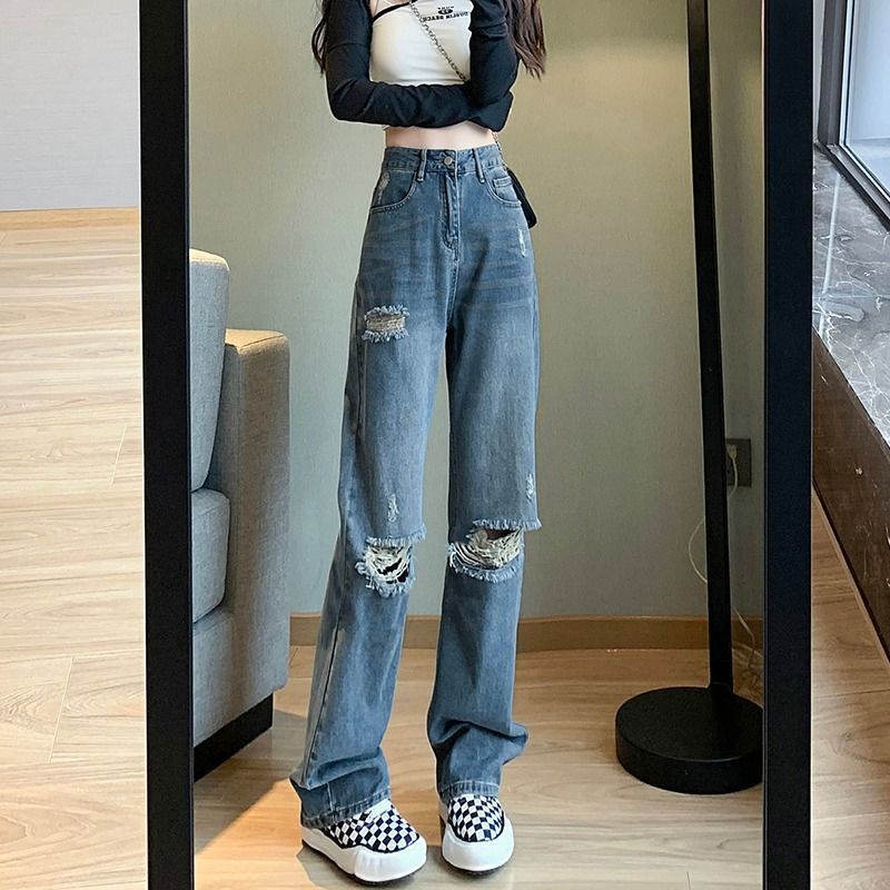 COZOKC COZOK Quần Jean Rách Ống Rộng Lưng Cao Thời Trang