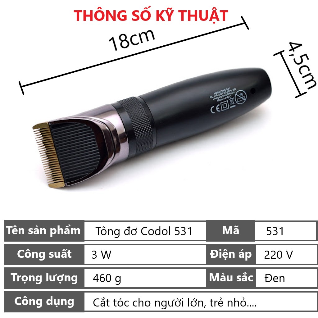 Tông đơ cắt tóc gia đình sạc nhanh cao cấp Codol 531 Hàn Quốc, Tăng đơ cắt tóc chuyên nghiệp - BH 1 đổi 1