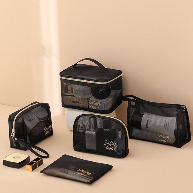 Set 5 Túi Lưới Đựng Đồ Trang Điểm Màu Đen Có Khóa Kéo Tiện Dụng