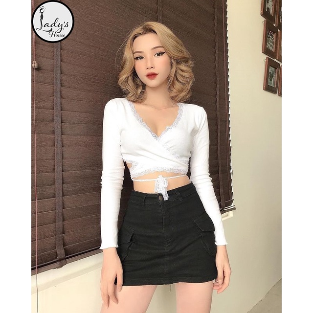 Áo Croptop Viền Ren Tay Dài Cột Dây Eo Siêu Xinh Cổ Chữ V Form Ôm Chất Thun Phối Ren "CROPTOP VIỀN REN" | BigBuy360 - bigbuy360.vn