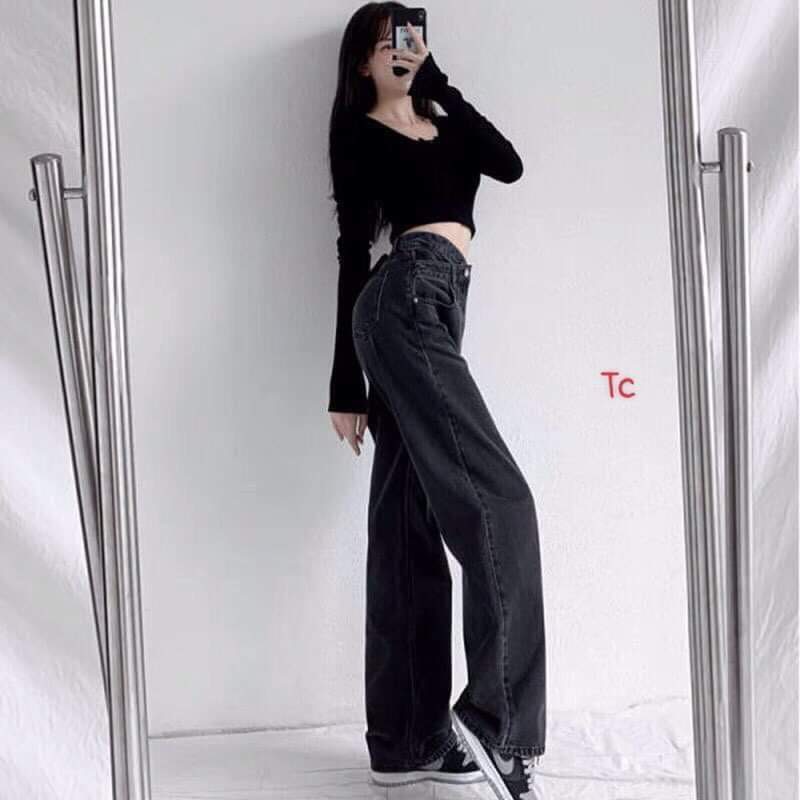 Quần Bò rộng cạp chéo Chất dày đẹp, chuẩn fom dài chùm giầy.Dài 1m nên chị em nào thích mặc dài nên mua nha,size s,m,l