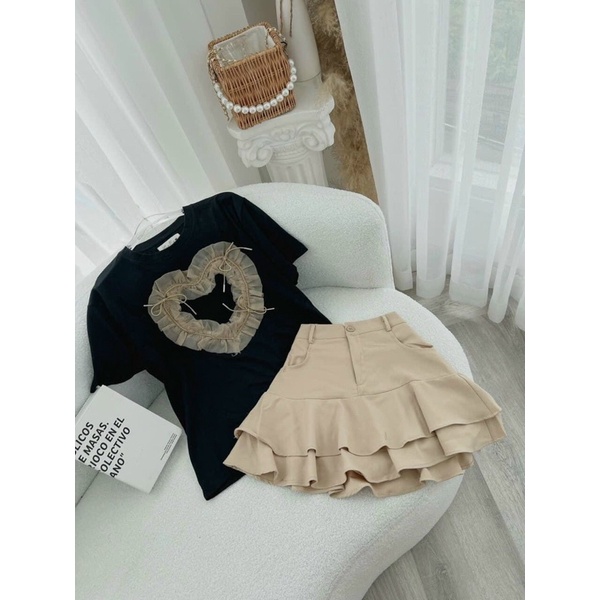 SET PULL ĐEN KẾT VOAN TIM + CHÂN VÁY NUDE BÈO TẦNG