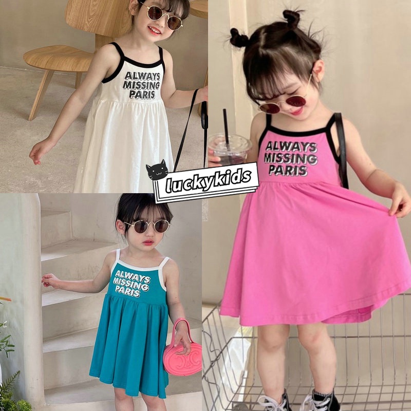 Đầm Hai Dây In Chữ Thời Trang Mùa Hè Hàn Quốc Giản Dị Dành Cho Bé Gái