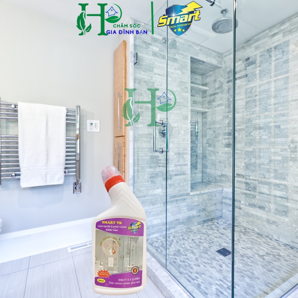 Tẩy cặn canxi vách kính nhà tắm Smart, làm sạch gương kính, vách kính phòng tắm