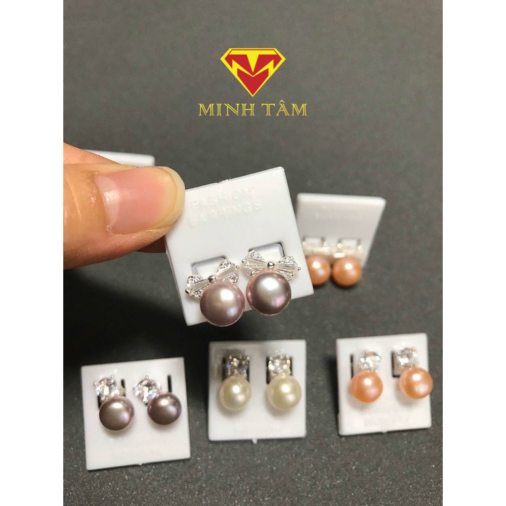 Khuyên tai bạc Trai nuôi tự nhiên nước ngọt, Bông tai bạc nơ Trai nuôi thiên nhiên-Minh Tâm Jewelry