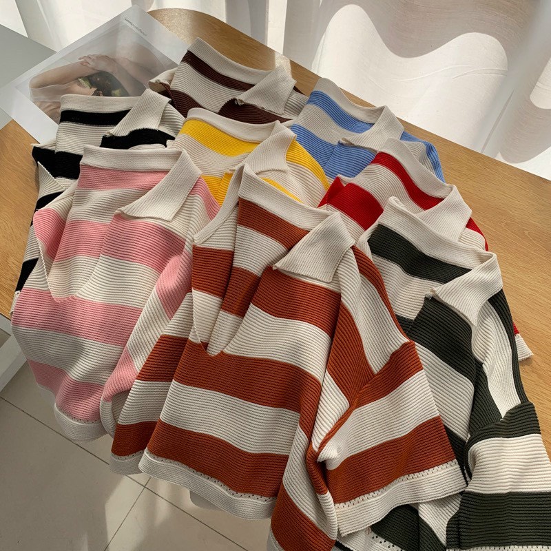 Áo croptop kẻ sọc form rộng nữ chất len mongtogi cổ bẻ hàng Quảng Châu 100% nhiều màu lựa chọn [ảnh shop chụp ở cuối]