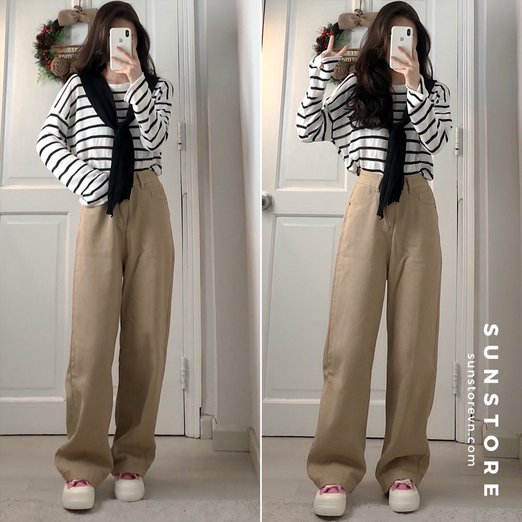Quần jeans kaki ống rộng cạp cao Ulzzang