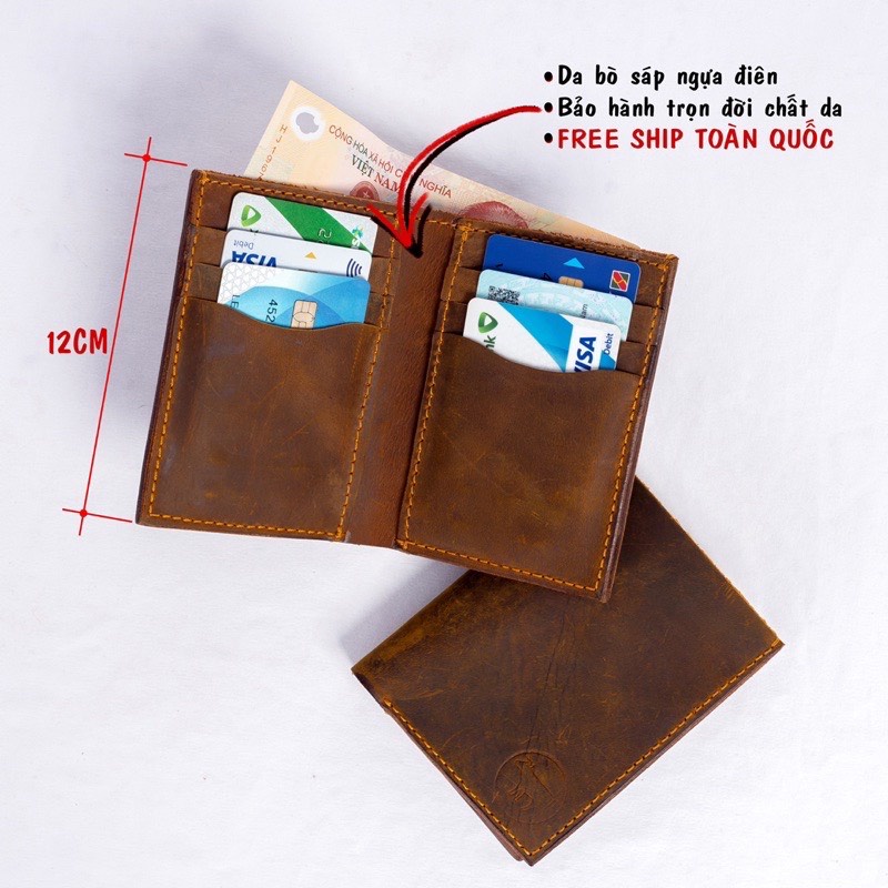 Ví nam da bò sáp ngựa điên khâu tay thủ công loại một ngăn dáng đứng dáng ngang chính hãng Bioline