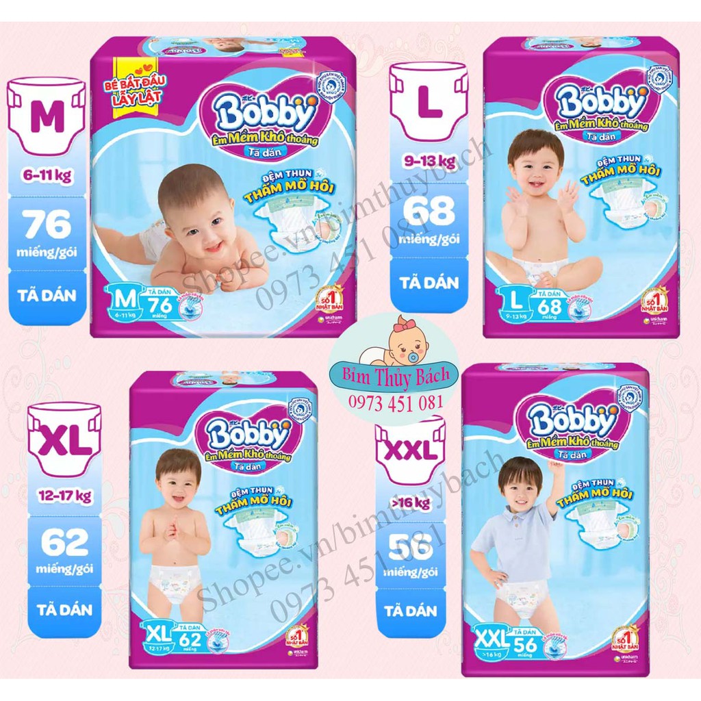 Tã Dán Bobby size Xs72,S56,M76,L68,XL62,XXL56 mẫu mới đệm thun thấm mồ hôi.