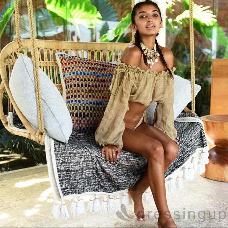 Áo Trễ Vai Tay Dài Phối Bèo Thiết Kế Màu Trơn Thanh Lịch Dành Cho Nữ