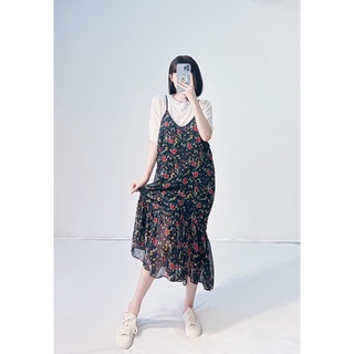 Đầm 2 dây suông voan đuôi cá hoa đỏ