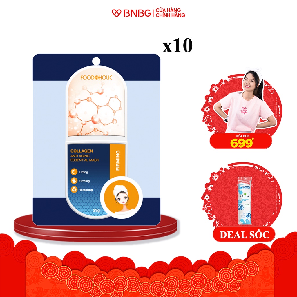 Combo 10 Mặt nạ dưỡng chất Collagen giảm nếp nhăn, căng bóng da Foodaholic  Anti Aging Essential Mask 23g x10