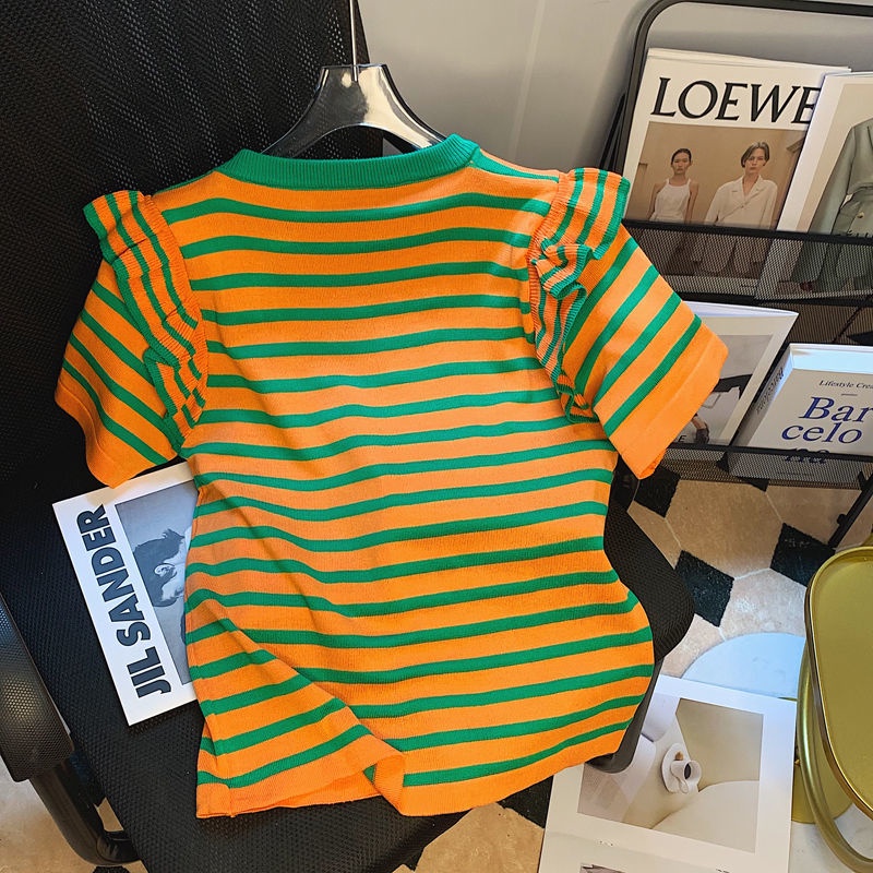 Áo Thun Dệt Kim Ngắn Tay Họa Tiết Kẻ Sọc Thời Trang Mùa Hè Cho Nữ
