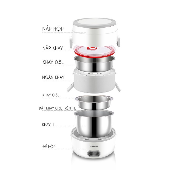 Hộp đựng cơm hâm nóng cắm điện 3 tầng Yonsa nhiều ngăn inox cặp lồng cơm giữ nhiệt an toàn tiện lợi cho dân văn phòng