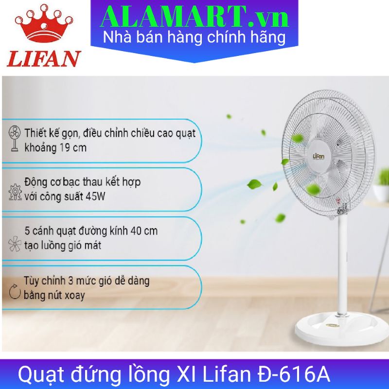 Quạt Đứng Lifan Đ-616A Trắng - Lồng Xi sử dụng gia đình 5 lá lớn quạt êm