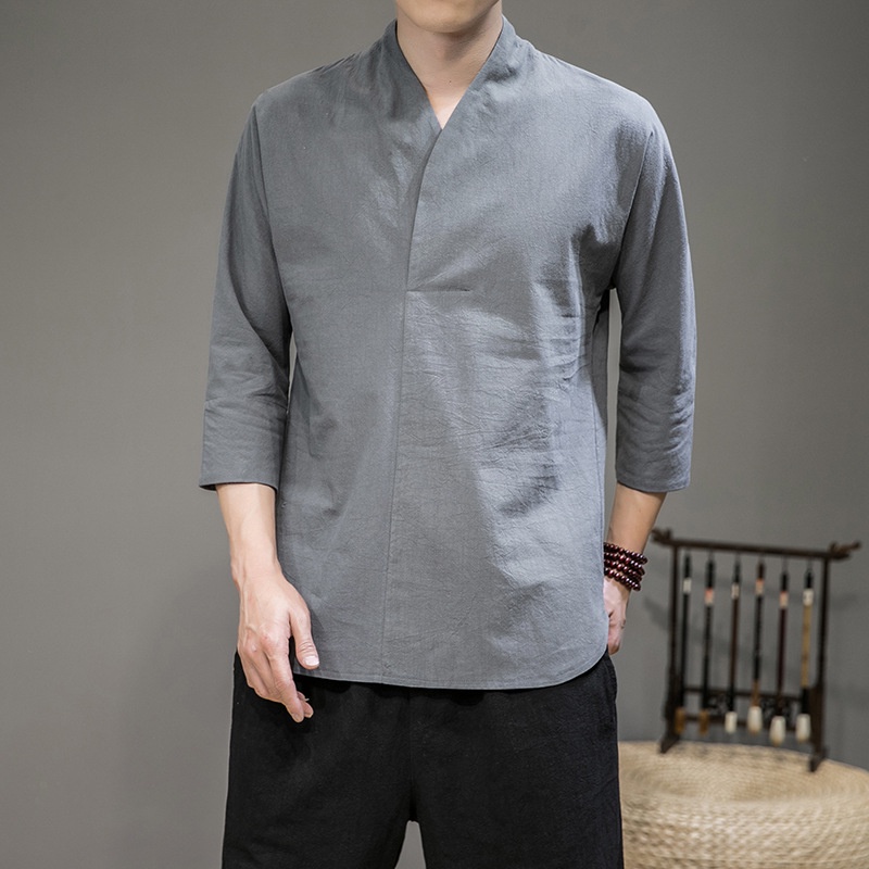 Áo Sơ Mi Vải Lanh Cotton Mỏng Cổ V Màu Xanh / Trắng / Đen Kiểu Kimono Trung Hoa Thời Trang Mùa Hè Cho Nam