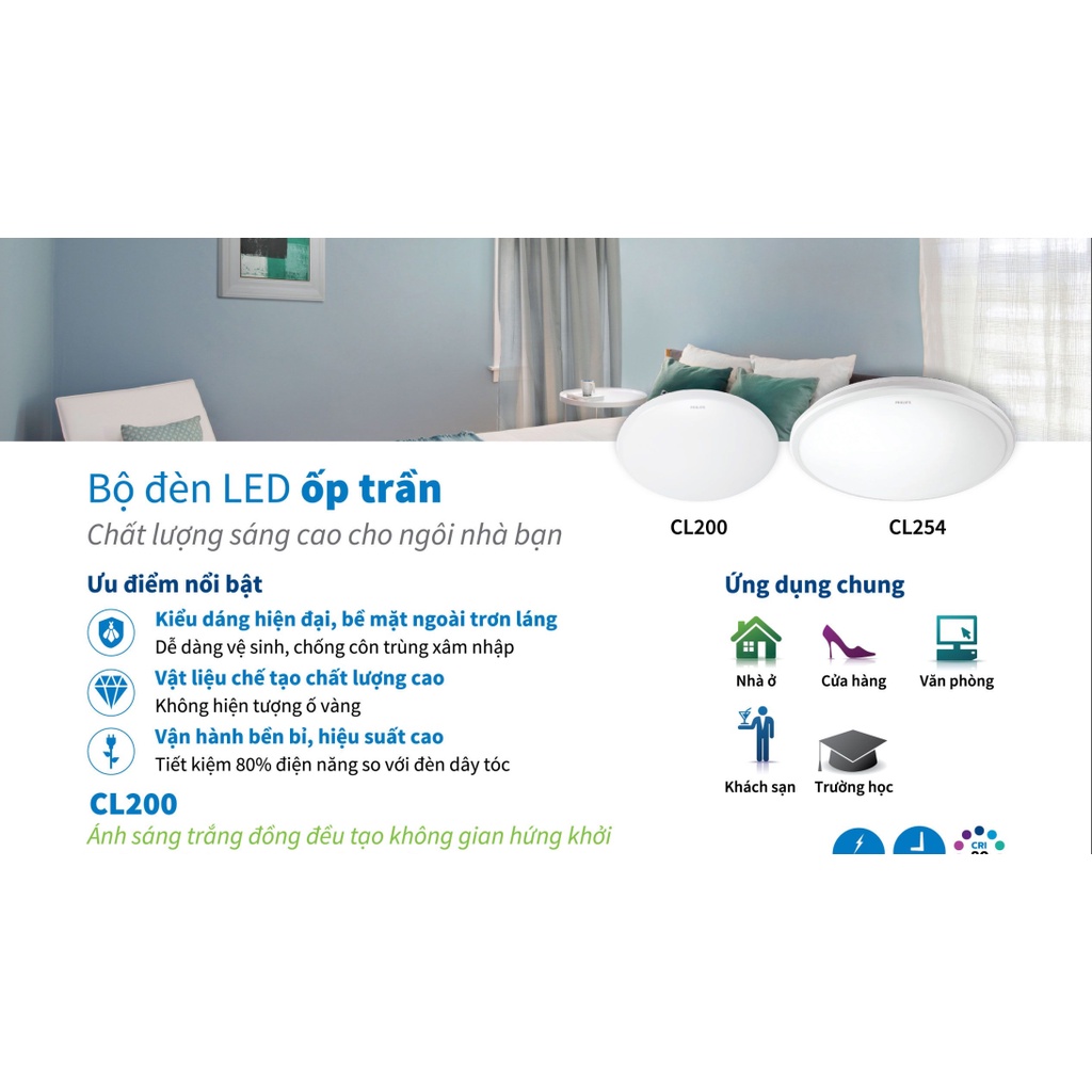 Bộ đèn ốp trần Philips LED tròn CL200 - Công suất  ánh sáng vàng, ánh sáng trắng
