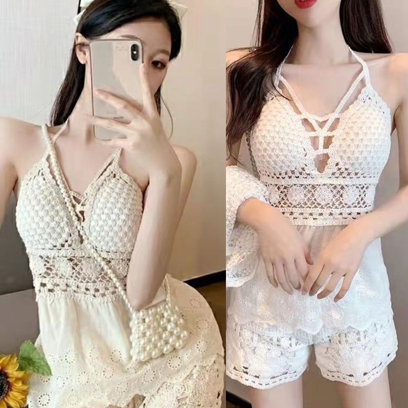 Brroa Áo Lưới Hoa Hai Dây Dệt Kim Khoét Rỗng Gợi Cảm Mùa Hè Cho Nữ