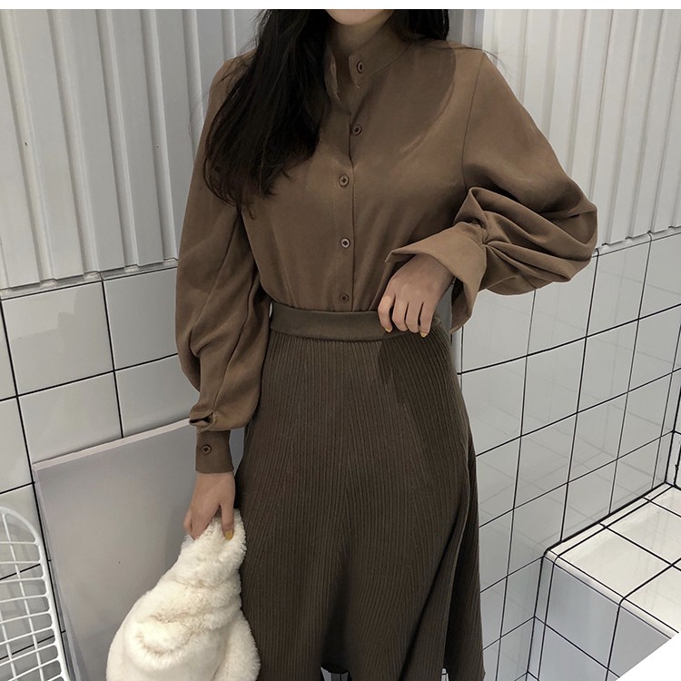 Áo sơ mi ulzzang áo nữ tay bồng cổ đứng retro phong cách quý phái | BigBuy360 - bigbuy360.vn