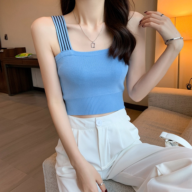  Áo dệt kim hai dây không tay màu trơn kẻ sọc phong cách Hàn Quốc | BigBuy360 - bigbuy360.vn