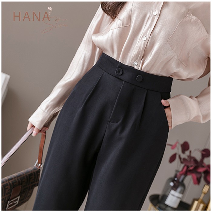 Quần baggy công sở nữ 2 cúc bấm cạp lưng cao màu Đen dài ống bằng đứng - Mặc đi làm đi học sinh - Vải Vintex dày dặn mềm | BigBuy360 - bigbuy360.vn