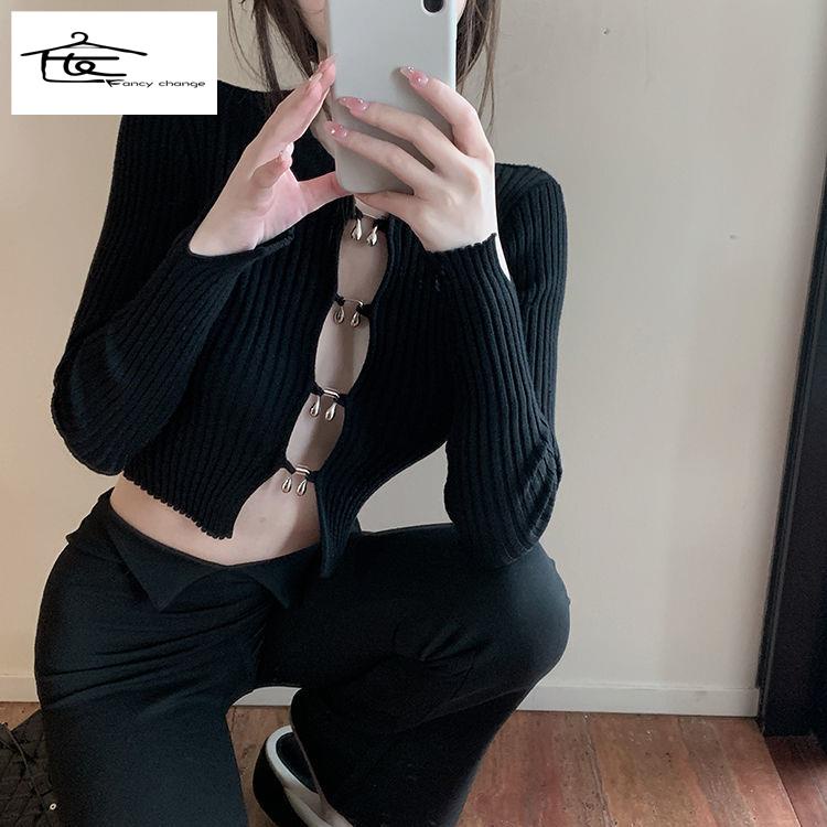 Áo Cardigan Dệt Kim Tay Dài Cổ Tròn Thấp Dáng Ôm Phong Cách Hàn Quốc Dành Cho Nữ