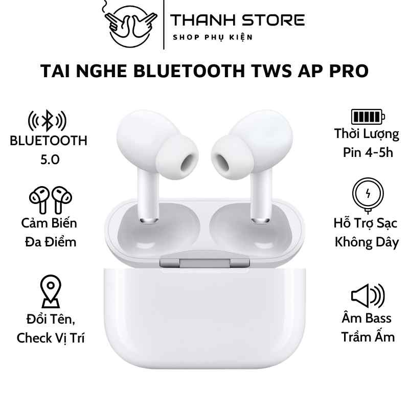 Tai Nghe Bluetooth TWS AP Pro, Tai Nghe Không Dây Chức Năng Định Vị, Đổi Tên, Sạc Không Dây BH 6 Tháng