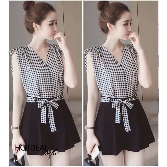 Set quần xếp ly và áo sọc caro