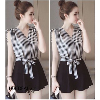 set quần xếp ly và áo sọc caro